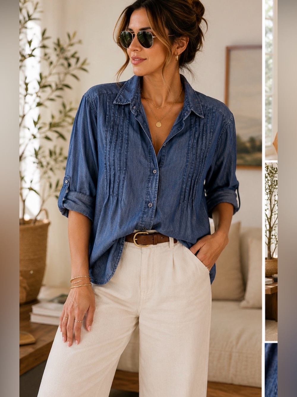 Gloria Vanderbilt XL Blue Chambray Lyocell Pintuck Button Front Shirt Roll Tab